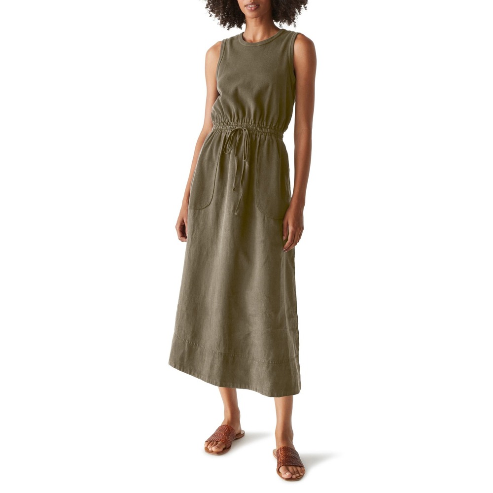 Michael Stars Olive Green Linen Blend Midi Dress Drawstring Waist WNT004 XS
